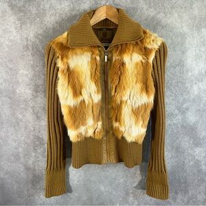 Morrow Jacket Women Medium M Brown & White Genuine Fur Zip Up Collar Coat Winter